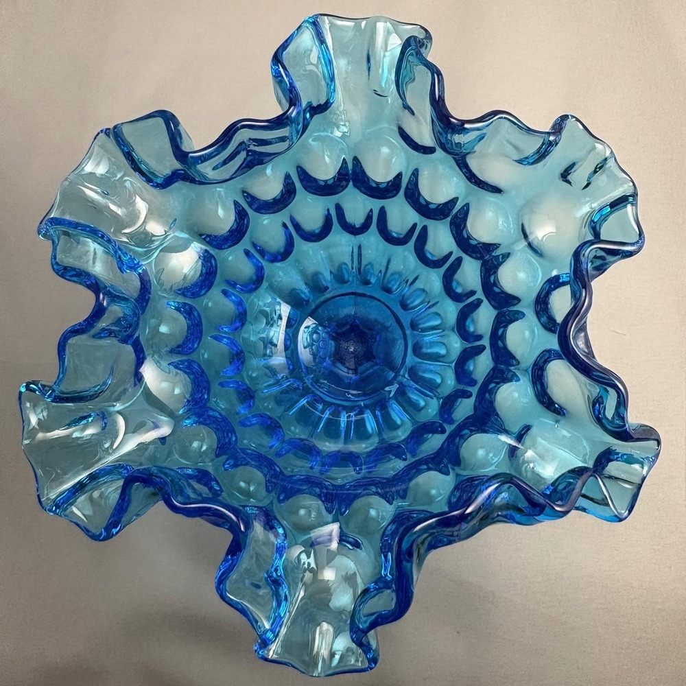 Vintage Fenton Colonial Blue Thumbprint Compote Ruffled Pedestal Bowl - Picture 3 of 8